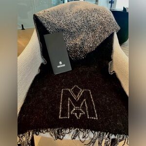 Mackage Black and Cream Logo Fringe Wool Scarf
